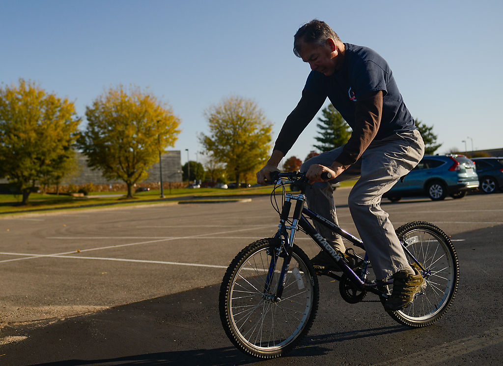 Tom Grothe takes a bicycle out for a test ride